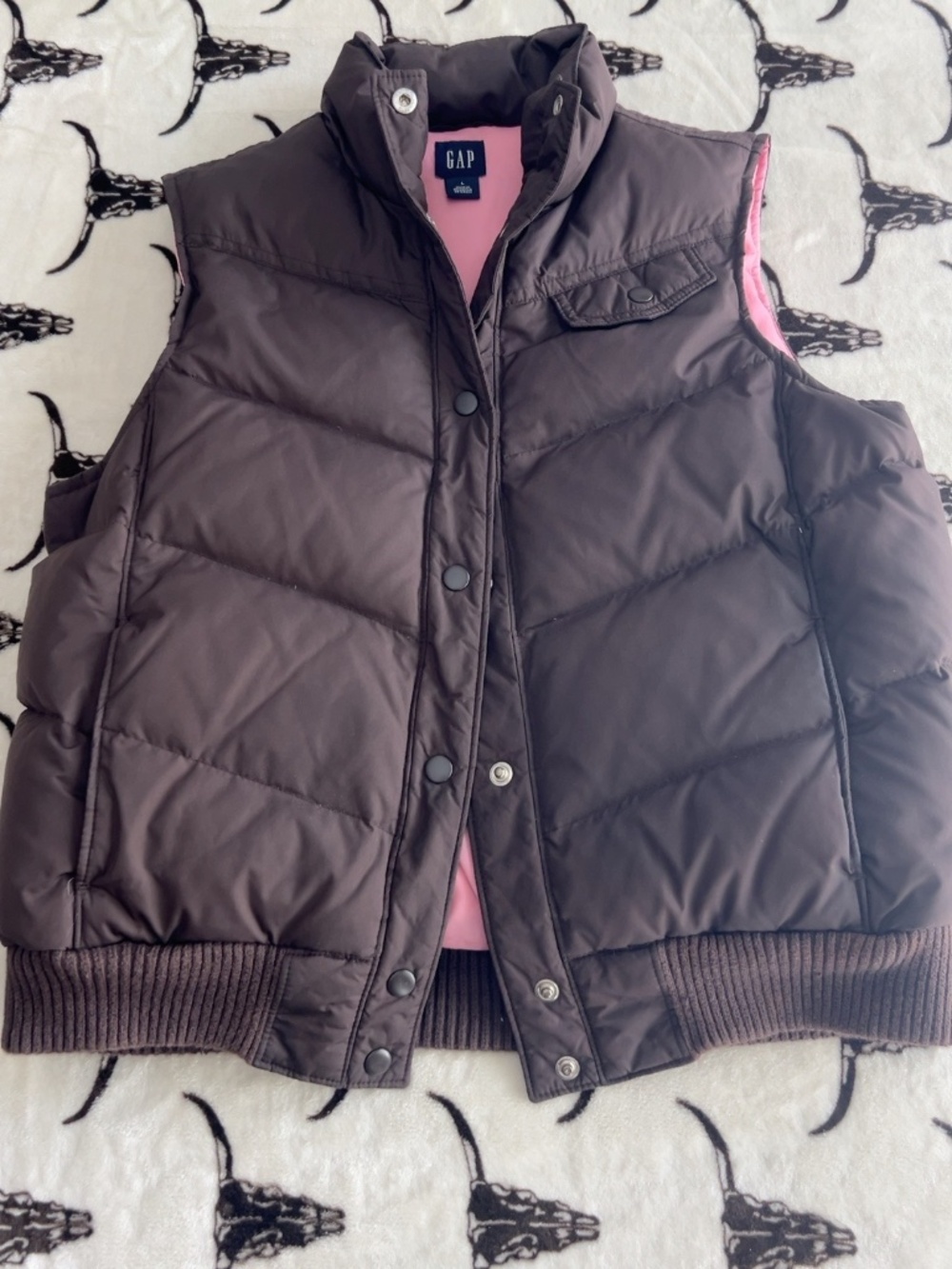 Vintage Y2K Gap Down Puffer Vest M Chocolate Brown Pink Lined Quilted
